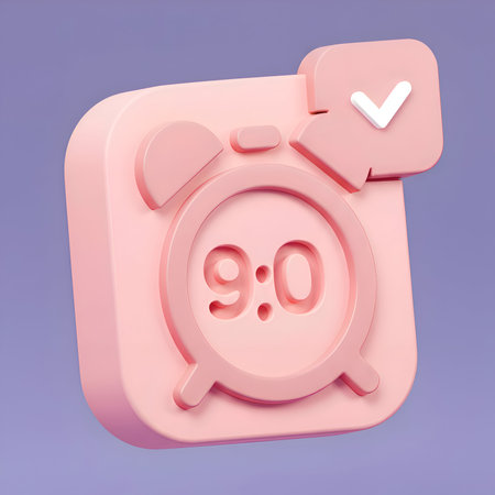 Pink alarm clock icon showing the time 9:00. A digital alarm clock graphic. The icon is a 3D model, square shaped, and light pink in color.の素材