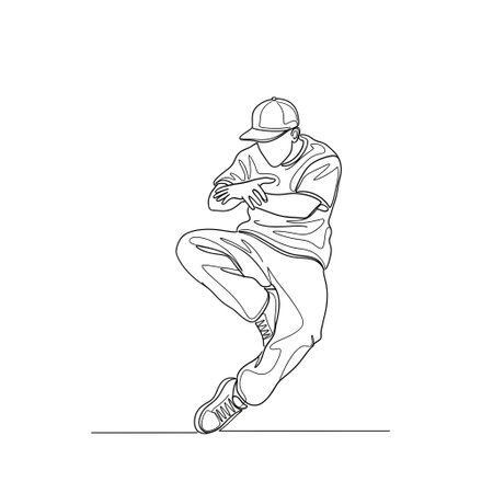Line art drawing of a breakdancer executing a dynamic move in mid-air, showcasing athleticism and skill.の素材