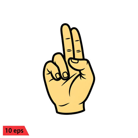 A detailed illustration of a yellow cartoon hand showing two fingers up, suitable for various design projects.の素材