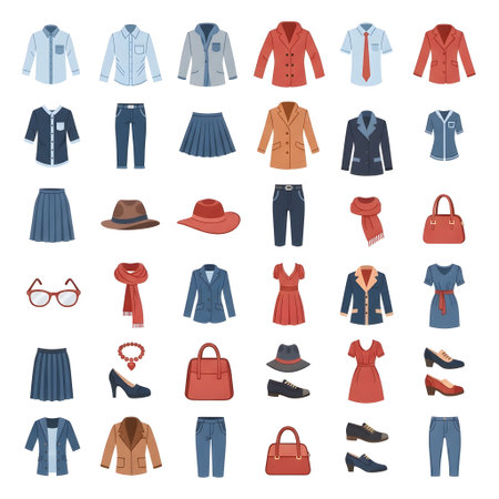 A comprehensive set of flat design icons representing various womens clothing items like jackets, dresses, skirts, pants, shirts, and accessories such as bags, shoes, hats, and scarves.の素材