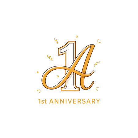 A golden logo design celebrating a first anniversary, featuring the number 1 with a stylized A, surrounded by confetti-like elements.の素材