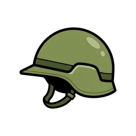 Detailed cartoon illustration of a green military helmet, suitable for various uses.の素材