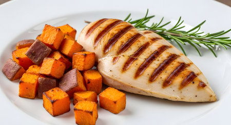 A delicious and healthy meal featuring grilled chicken, sweet potatoes, and rosemary sprig.の素材