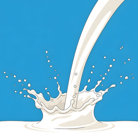 Close-up view of milk being poured, creating a dynamic splash with droplets and ripples. The background is a solid blue, providing a vibrant contrast to the white milk.の素材