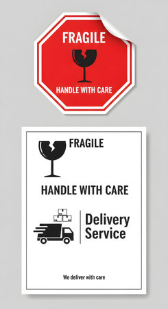 Two stickers for fragile items. One is a octagon shaped sticker with the word fragile and handle with care.の素材