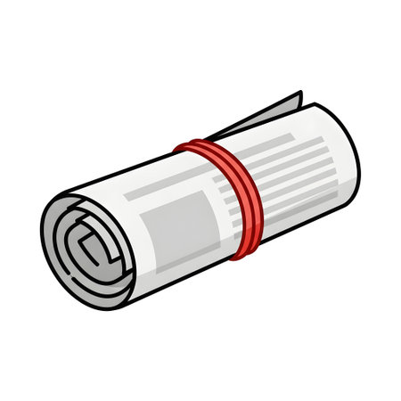 A classic cartoon illustration of a daily newspaper rolled up and secured with a red rubber band. This vector graphic is isolated on a clean white background.の素材