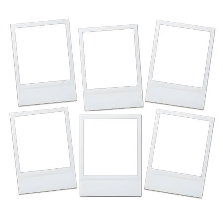 A collection of six empty instant photo frames, artfully arranged on a white background, ready for your personal memories.の素材
