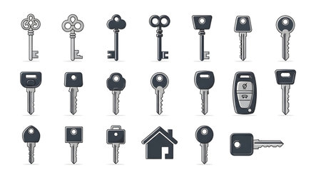 An isolated set of various key illustrations including vintage skeleton keys, modern house keys, a car key fob, and a simple house icon on a white background.の素材