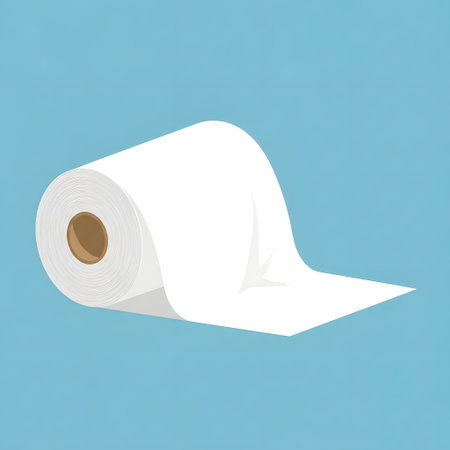 Isometric illustration of a white paper towel roll against a light blue background. The roll is partially unrolled, showing the texture of the paper.の素材