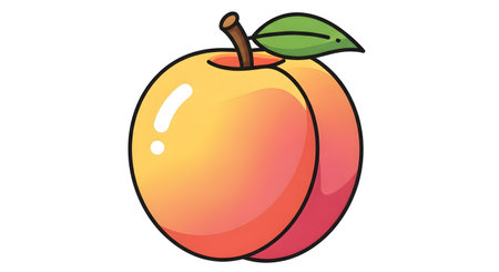 A detailed illustration of a ripe peach with a green leaf and stem, set against a clean white backdrop.の素材