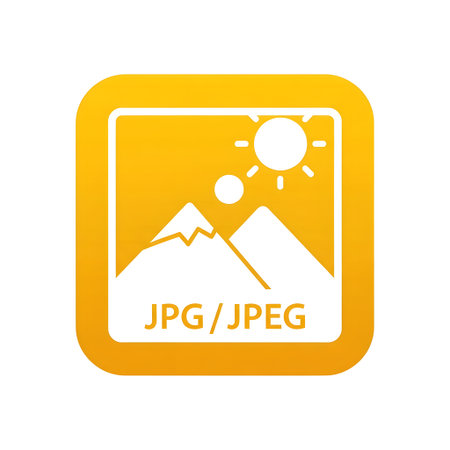 A yellow rounded square icon representing the JPG or JPEG image file format. The icon features a white silhouette of mountains and a sun on a yellow background.の素材