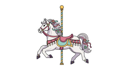 Detailed illustration of a vintage carousel horse, featuring a light gray horse with colorful accents on the saddle and mane. The horse is in a dynamic pose, suggesting movement.の素材