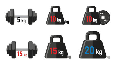 Collection of weights and dumbbells, including 5kg, 10kg, 15kg, and 20kg options, ideal for various strength training exercises and fitness routines.の素材