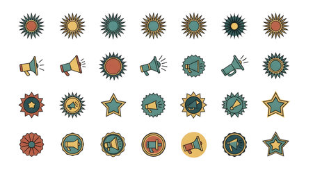 Collection of retro-inspired badges and icons featuring megaphones, stars, and circular designs. Perfect for branding, social media, or graphic design projects.の素材