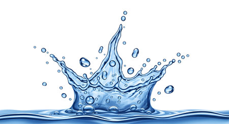 Detailed illustration of a water splash crown isolated on a white background, showcasing the dynamic movement and form of water droplets.の素材