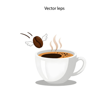 A playful vector illustration featuring a coffee bean with wings in flight, heading towards a cup of hot coffee, set against a clean white background.の素材