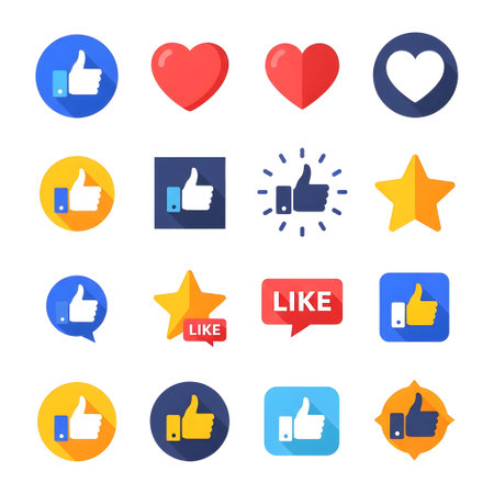 A diverse set of social media icons featuring thumbs up, hearts, and stars, perfect for illustrating engagement, feedback, and positive reactions in digital content.のイラスト素材