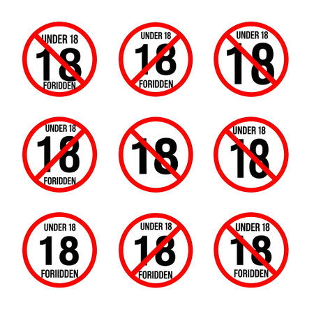 A set of nine vector graphic icons showing the number 18 in a red circle with a diagonal line, symbolizing a warning and prohibition for individuals under eighteen years of age.のイラスト素材