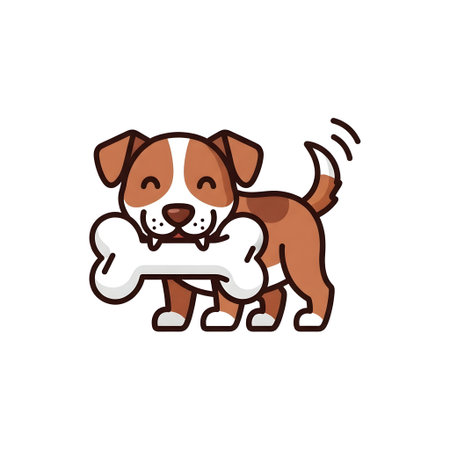 A happy cartoon dog is depicted holding a bone in its mouth. The dog is brown and white with a playful expression. The image is simple and colorful.のイラスト素材