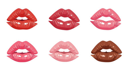 A vibrant collection of six realistic glossy lips, showcasing a spectrum of colors from deep red to light pink and rich brown, perfect for beauty and fashion themes.のイラスト素材