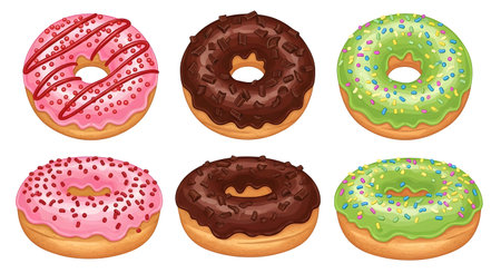 Six different donuts displayed, each with a unique icing and topping. Pink, chocolate, and green icing are featured, with sprinkles and drizzled icing.のイラスト素材