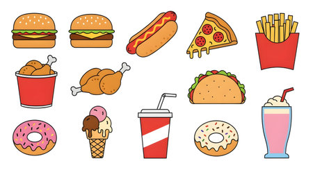 A vibrant collection of fast food icons including burgers, hot dogs, pizza, fried chicken, tacos, donuts, ice cream, and drinks, perfect for menus or designs.のイラスト素材