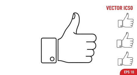 Minimalist outline icon of a hand showing a thumbs up gesture. A simple black and white vector illustration representing approval, agreement, or a social media like button.の素材