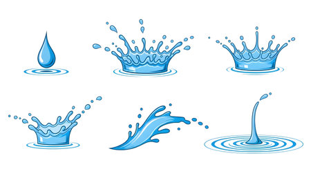 Collection of water splash illustrations, including droplet and crown shapes, perfect for design projects.の素材