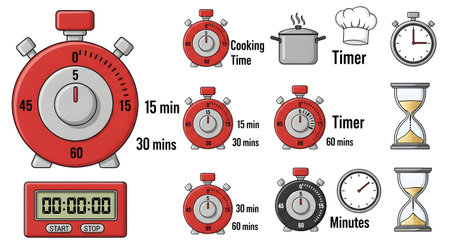 A collection of timekeeping devices including analog clocks, digital timers, and sand timers, illustrating different methods of measuring time for cooking and other activities.の素材