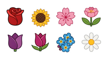A vibrant collection of eight distinct flower illustrations, including a rose, sunflower, cherry blossom, tulip, forget-me-nots, and daisy.のイラスト素材