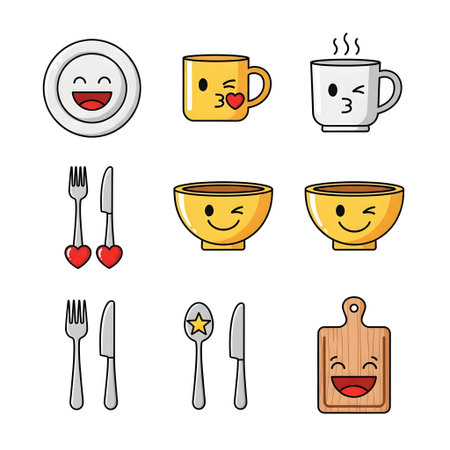 A collection of adorable cartoon kitchen and dining items with happy emoji faces. Includes a plate, mugs, bowls, cutlery, and a cutting board as isolated vector icons.のイラスト素材