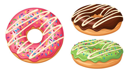 Three donuts with different toppings: pink with sprinkles, chocolate with white stripes, and green with sprinkles.のイラスト素材