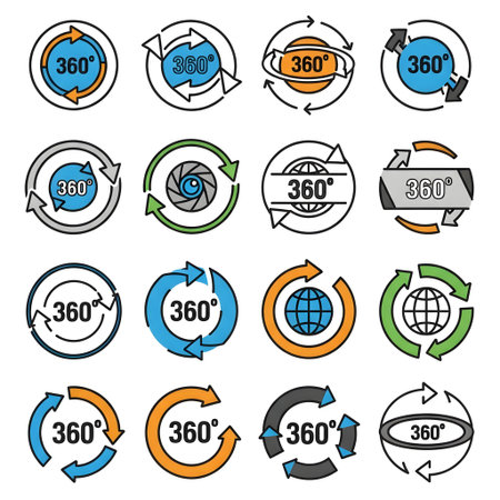 Collection of various 360-degree rotation icons with arrows, suitable for design and illustration purposes.のイラスト素材