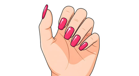A beautifully illustrated hand showcasing a vibrant pink manicure. Perfect for beauty blogs, nail art tutorials, or fashion-related content. Clean and modern design.のイラスト素材