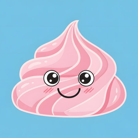 A delightful pink meringue dessert with a charming kawaii face, set against a serene blue background. Perfect for sweet-themed designs and cheerful illustrations.のイラスト素材