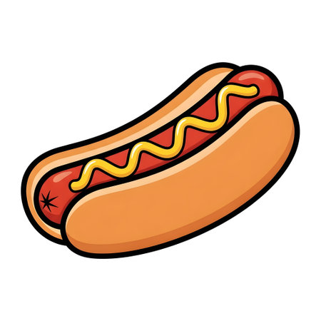 A vibrant illustration of a hot dog with mustard sauce on a bun. The hot dog is a perfect representation of a classic American food.のイラスト素材