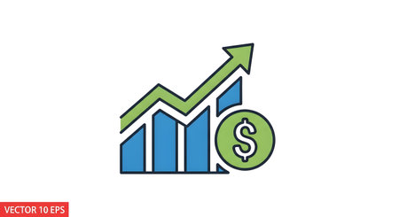 A vector illustration of a business finance icon showing a rising bar graph with a green arrow indicating growth and a dollar symbol representing profit and investment success.のイラスト素材