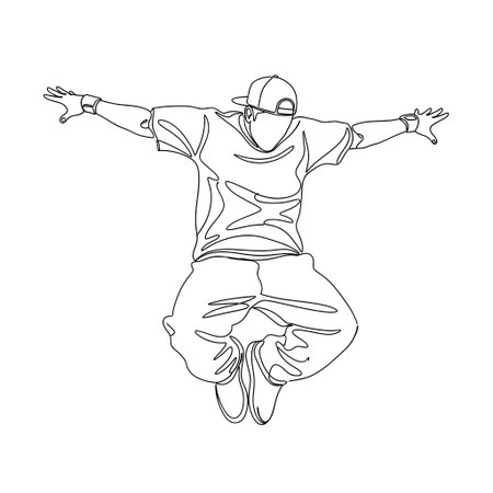 A detailed line drawing of a breakdancer in mid-air, showcasing dynamic movement and energy. The single-line style emphasizes fluidity.のイラスト素材