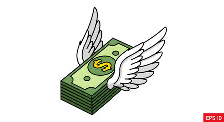 A stack of money with wings, symbolizing financial growth and prosperity. The image is colorful and eye-catching, perfect for use in business or financial contexts.のイラスト素材
