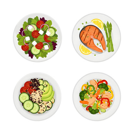 A top-down view of four distinct healthy meals served on white plates, showcasing variety in cuisine and ingredients.のイラスト素材