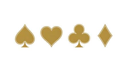 A set of golden card suits, including spades, hearts, clubs, and diamonds, representing luck, fortune, and the thrill of the game.のイラスト素材