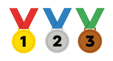 Three medals, gold, silver, and bronze, arranged in a horizontal row. Each medal has a ribbon and a number on it.のイラスト素材