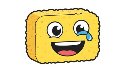A cute and funny cartoon illustration of a yellow cleaning sponge with a happy face. The character is laughing so hard it is crying tears of joy. Isolated on a white background.のイラスト素材