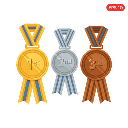 Illustration of gold, silver, and bronze medals with ribbons, representing first, second, and third place awards.のイラスト素材