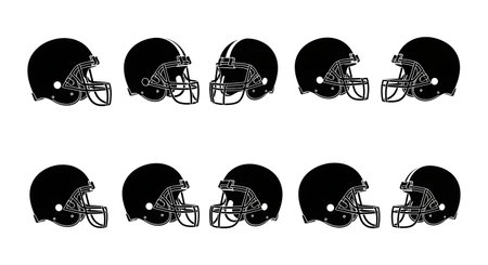 A collection of black football helmets displayed from different viewpoints, showcasing their design and structure.のイラスト素材