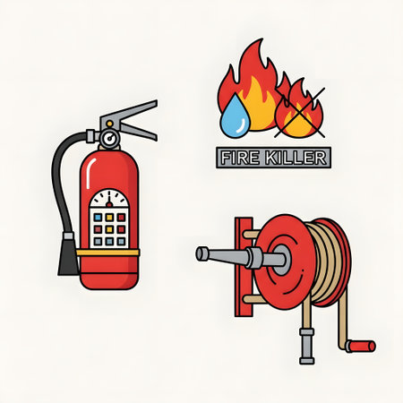 Illustrations of fire safety equipment including a fire extinguisher, a fire with a water drop, a hose reel, and a fire killer sign.のイラスト素材