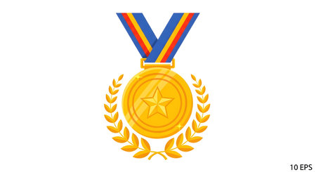 A golden medal with a star in the center, surrounded by a laurel wreath and hanging from a colorful ribbon.のイラスト素材