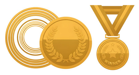 A vector illustration featuring a set of golden medals, symbolizing achievement, success, and recognition. Ideal for awards, sports, and celebratory designs.のイラスト素材