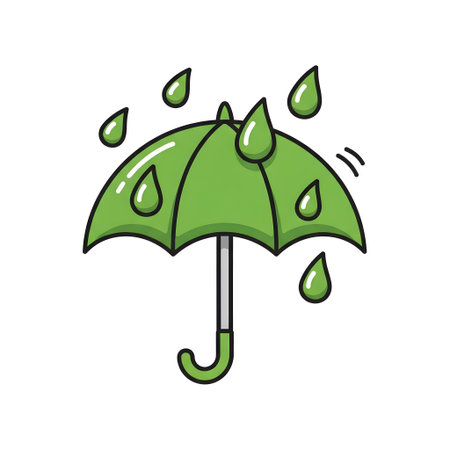 Cartoon illustration of a green umbrella with raindrops, symbolizing weather protection and a rainy day. The image is vibrant and suitable for various design projects.のイラスト素材
