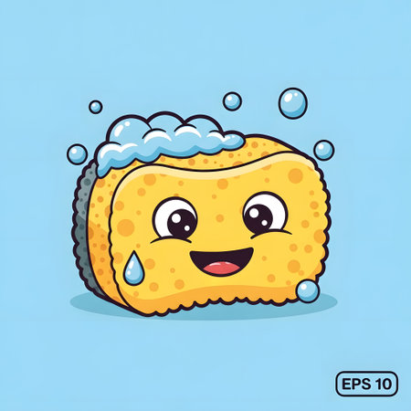 A cheerful yellow sponge cartoon character with soap bubbles, smiling happily while cleaningのイラスト素材